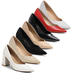 High Chunky Pumps Shoes Closed Toe Block Heels Pointed Toe for Women Wedding - Picture 1 of 28