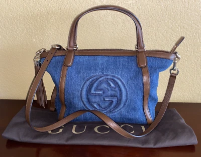 Bolso Bandolera GUCCI Soho GG Azul Denim Cuero Borla Hombro 2 Vías Bolso Jean Foto 1 de 4