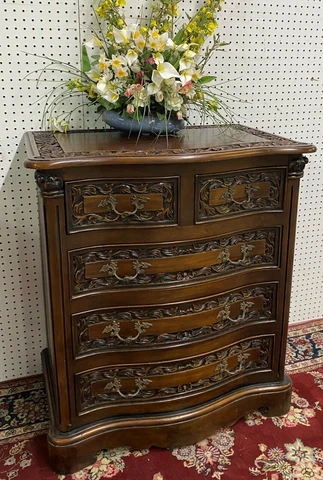 Antique Style Country French Carved Solid Teak Five Drawer Chest Bronze Handles Cover