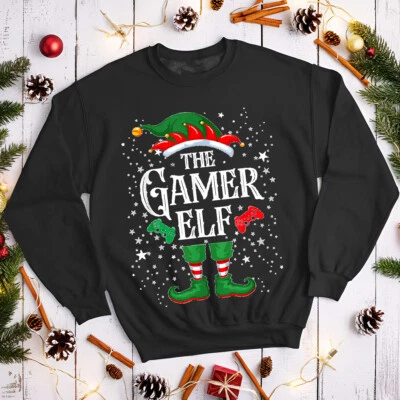 Gamer Elf Christmas Jumper Funny Mens and Womens Sweatshirts #MC - Image 1 of 4