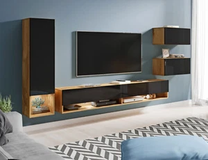 Wohnwand Anbauwand 4-teilig wotan eiche schwarz hochglanz grifflos 76626600 - Bild 1 von 3