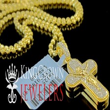 Genuine Diamond Mini Jesus Crucifix Cross Pendant Charm + Chain 10K Gold Finish