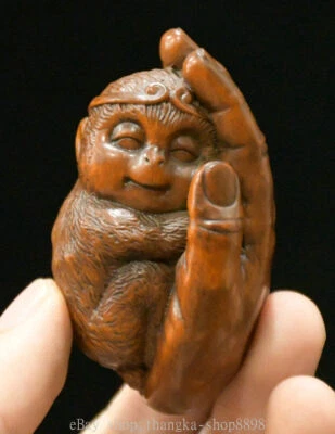 Antigua estatua china de 3" de madera de boj tallada a mano Feng Shui mono sol wukong Foto 1 de 4