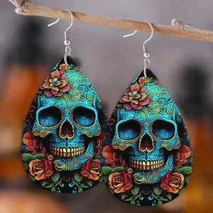 1 Pair Halloween Day Of The Dead Earrings Goth Faux Leather - Picture 1 of 3