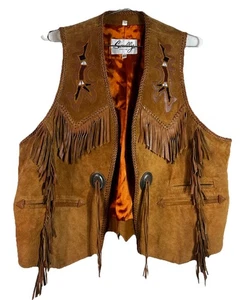 Vintage Scully Brown Southwestern Embroidered Fringed Western Vest - Size 46 - Picture 1 of 7
