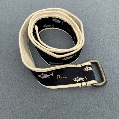 Polo Ralph Lauren Niño Azul Marino Blanco D Anillo Tiburones y Huesos de Pez Logo Cinturón - 34" Foto 1 de 4