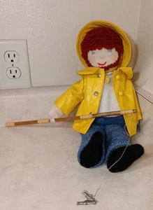 Crocheted Blushing Fisherman Core Doll in Yellow Fishing Pole Adorable Gift 15" - Picture 1 of 6