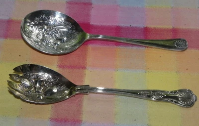 2 Pc Vtg Silverplate Salad Spoon & Spork-Sheffield England-Repousse Fruit Design - Image 1 of 4