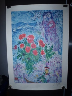 Red Bouquet w. Lovers Roter Blumenstrauß m. Liebenden Chagall   24/500 - Bild 1 von 4