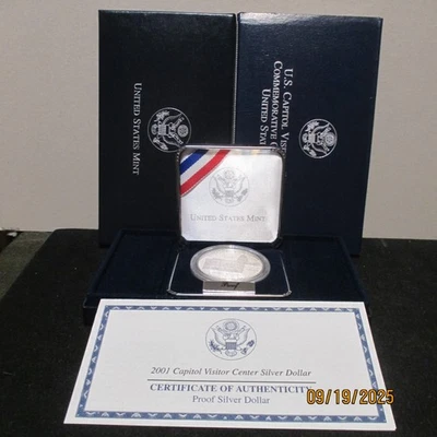 Proof Commemorative 90% Silver Dollar in box with COA 2001 P Capitol Visitor CTR - Image 1 of 3