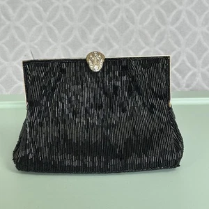 Vtg 50s 60s La Regale Black Beaded Evening Clutch Bag Purse Dressy Flapper Retro - Picture 1 of 12
