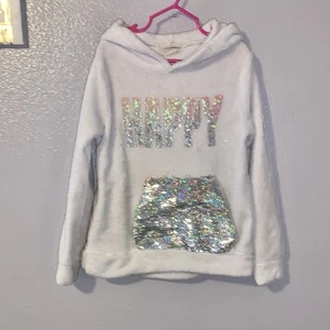 Btween Kinder Hoodie weiß und silber Glitzer Plüsch Fleece Happy - Bild 1 von 4