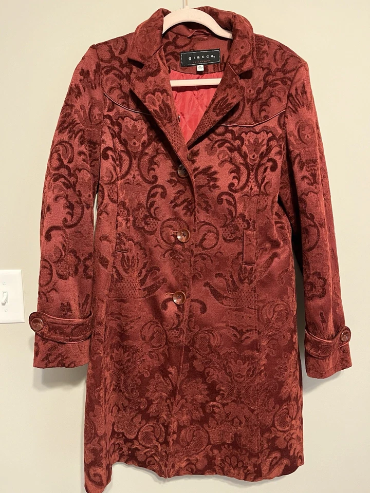 Jaqueta bordada jacquard vintage Giacca vermelha/borgonha floral tapeçaria M - Imagem 1 de 4