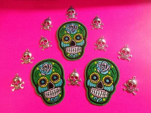 SUGAR SKULL EMBROIDERED IRON ON / SEW ON CLOTH PATCH - NEW GREEN L BLU 3 PATCHES - Picture 1 of 13