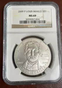2009-P Louis Braille Commemorative Silver Dollar $1 NGC MS69 - Picture 1 of 3