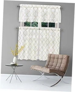 Devyn Geometric Kitchen Window Curtain Tier Valance Set, 28 x 36/56 x 15 Taupe - Picture 1 of 6