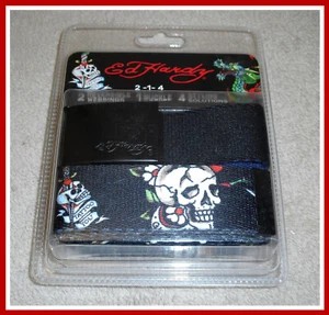 Ed Hardy Herren verstellbar Canvas Gürtel Set 2 Wendbare Gurtbänder 1 Schnalle NEU - Bild 1 von 3