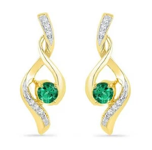10K Yellow Gold White Diamond & Lab Created Emerald Earrings Gemstone Dangles - Picture 1 of 2