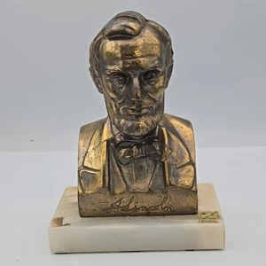 Vintage Abraham Lincoln Bronze/Metal Bust Statue Figure on White Onyx Base - Picture 1 of 3