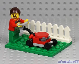 LEGO - Lawn Worker Male Minifigure w/ Mower Picket Fence Gardener Grass Town - Picture 1 of 1