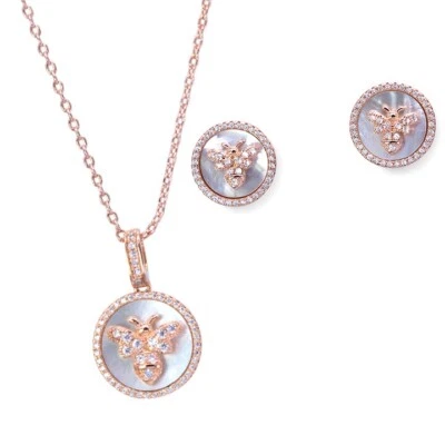 Conjunto de aretes collar enchapado en oro rosa circonita cúbica abeja miel con madre-pera Foto 1 de 4