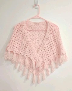 Vtg Crochet Triangle Shawl Granny Squares Pink Fringe Wrap Handmade Boho Shrug - Picture 1 of 16