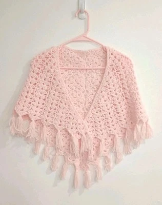 Vtg Crochet Triangle Shawl Granny Squares Pink Fringe Wrap Handmade Boho Shrug - Image 1 of 4