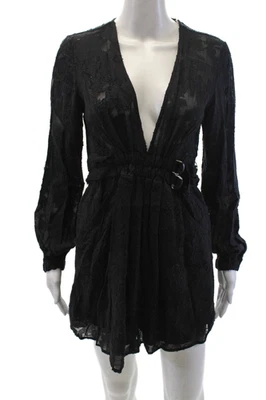 A.L.C. Womens Cotton Textured D-Ring Belted V-Neck Midi Dress Black Size 2 - Imagem 1 de 4