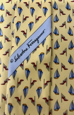 SALVATORE FERRAGAMO Men’s 100% Silk Tie Yellow Nautical Sailboats W/Flags Italy - Image 1 of 4