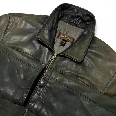 Jaqueta masculina vintage anos 90 Danier verde desbotada 100% couro com zíper tamanho XL - Imagem 1 de 4