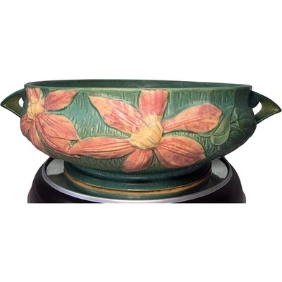 Roseville Clematis 459-10” Green & Pink Handled Bowl Vintage USA Pottery - Image 1 of 4