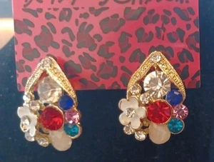 Schöne Betsey Johnson gemischte farbige Strass & Blume Tropfen Ohrringe - Bild 1 von 8