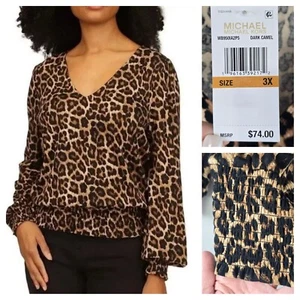 $79 Michael Kors Plus 3X Leopard Print Smocked Waist Top Ruffled Blouson Sleeves - Picture 1 of 22