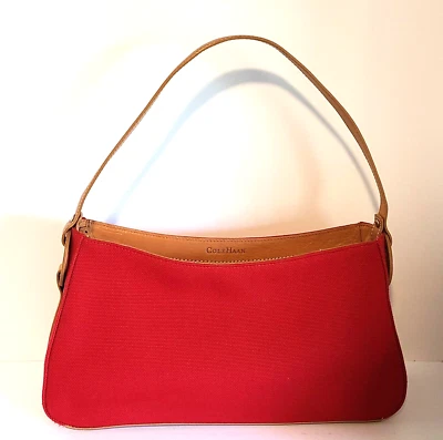 COLE HAAN LEATHER LINEN HOBO SHOULDER BAG PURSE TAN LEATHER RED FABRIC MED - Image 1 of 4