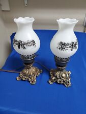 Pair Of Vintage 1950s Currier and Ives Glass Lamp With Bronze Stand
