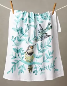 Anthropologie Geschirrtuch CHIRP & CHATTER Vögel Baum Blätter grün Baumwolle Tee neu mit Etikett - Bild 1 von 2