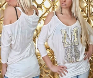 Sexy Miss Mujer Mariposa Lentejuelas Camisa Manga Larga Top 34/36/38 Blanco - Imagen 1 de 3