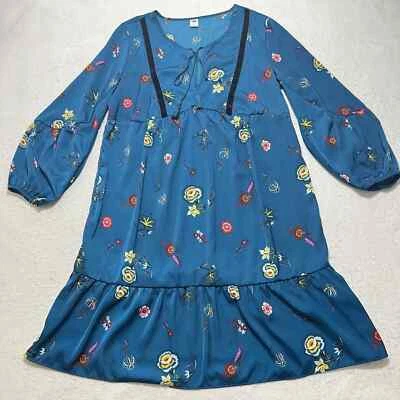 Old Navy Women's Small 3/4 Sleeve Blue Colorful Floral V-Neck Tie Shift Dress - Image 1 of 4