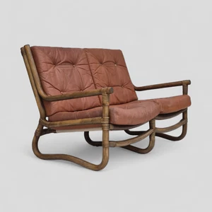 1970s, Scandinavian 2 seater sofa, original very good condition, bamboo, leather - Picture 1 of 19