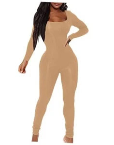 Women's Sexy Long Sleeve Bodycon One Piece Jumpsuits Club Full Large Khaki - Picture 1 of 6