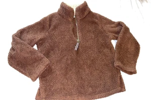 FLEECE BROWN CHILDS PULLOVER JACKET  L. S.  BEIGE COLLAR/ZIPPER  size M     - Picture 1 of 4