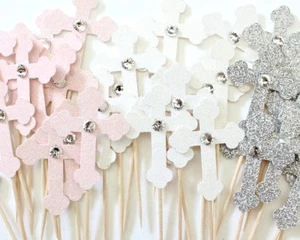 Cross Cupcake Toppers Baptism Decorations Christening First Communion Baby Boy - Picture 1 of 11