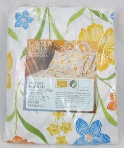 Perma Prest Percale GARDEN TRELLIS Full Flat Sheet Double Bed Floral Vintage - Picture 1 of 5