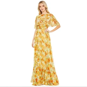 Abito Mac Duggal stampa floreale collo alto manica mantello linea A matrimonio ospite perline - Foto 1 di 11