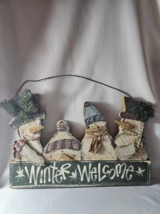 Handmade Wooden Snowmen "Winter Welcome" Hanging Sign - Picture 1 of 6