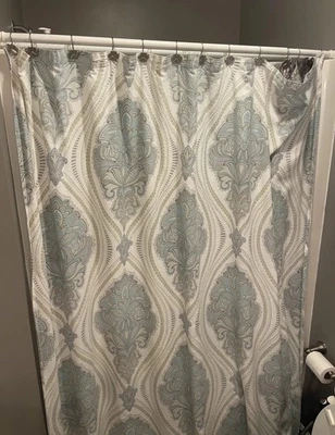 Cortina de ducha Cynthia Rowley azul/gris/taupe tela cachemira 68 x 72 Foto 1 de 4