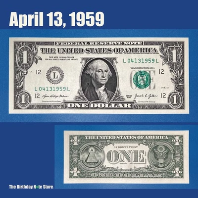 April 13, 1959 Birthday Anniversary $1 One Dollar Bill Serial Number 04131959 - Image 1 of 2