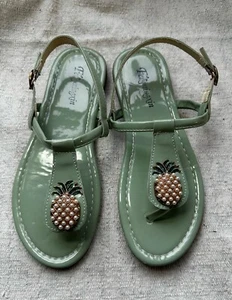 Fengmingxin Womens Pale Green Faux Patent Thong Ankle Strap Sandal Sz 7 Used - Picture 1 of 10