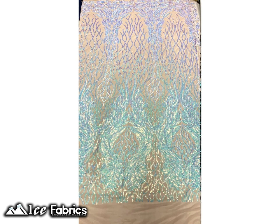 Iridescent Baby Blue On Nude 4 Way Stretch Mesh Sequin Fabric By Yard Lace - Image 1 of 4