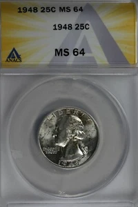 1948  .25   ANACS   MS 64   Washington Quarter, Silver 25 Cents (0.25) - Picture 1 of 2